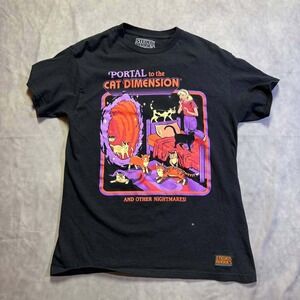 Steven Rhodes Portal to the Cat Dimension Black Graphic T-Shirt Mens Small S